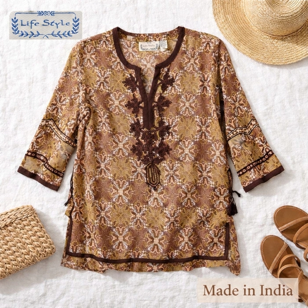 Life Style Boho Embroidered Tunic Brown & Gold India Made Size Large
